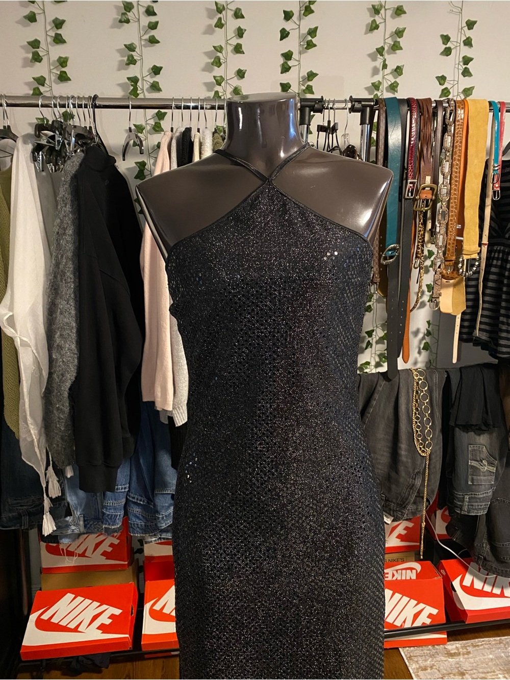 Y2K Black Sequins Halter Neck Evening Dress